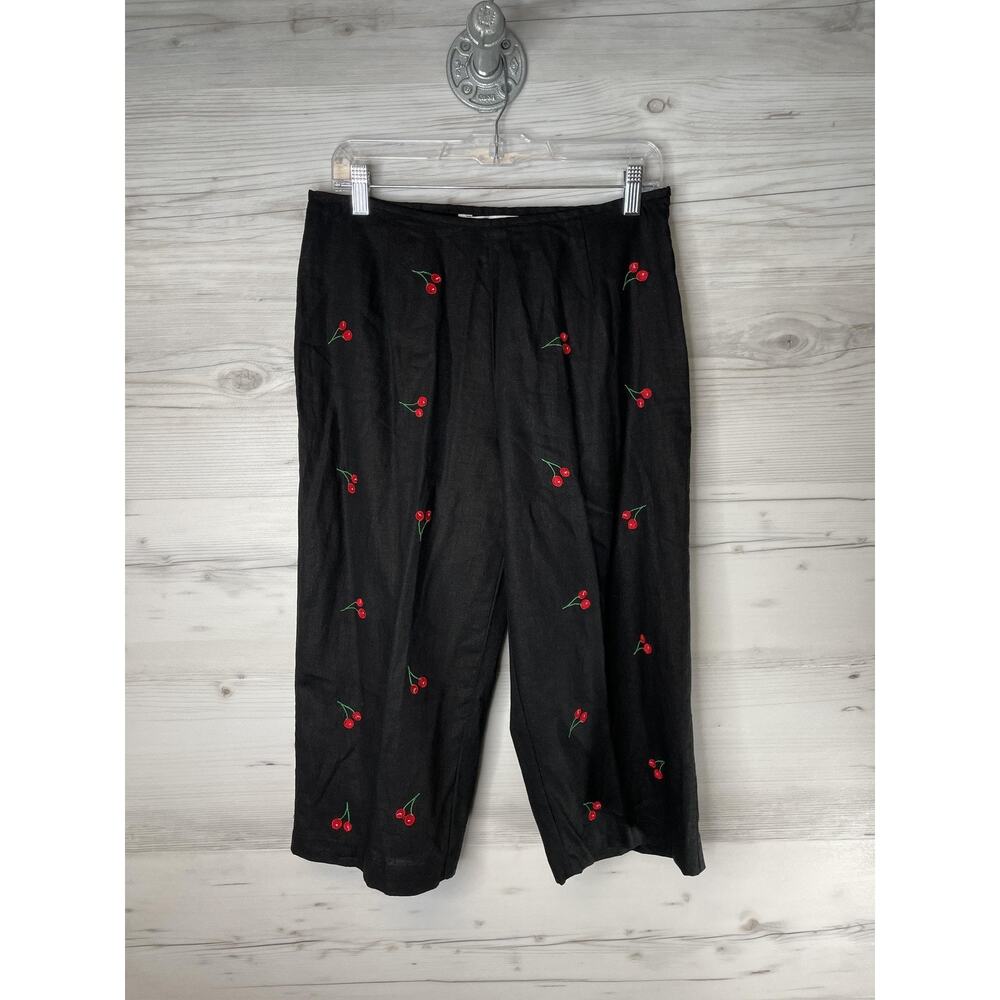Richard Malcolm Womens 12 Petite Black Linen Blend Cherry Embroidered Pants - Picture 1 of 9